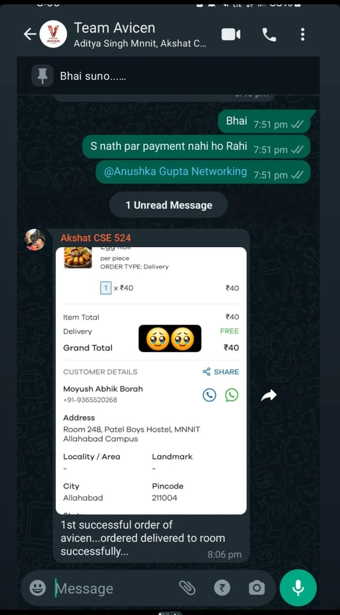 Avicen Foods first successful order — delivered to Room 248, Patel Boys Hostel