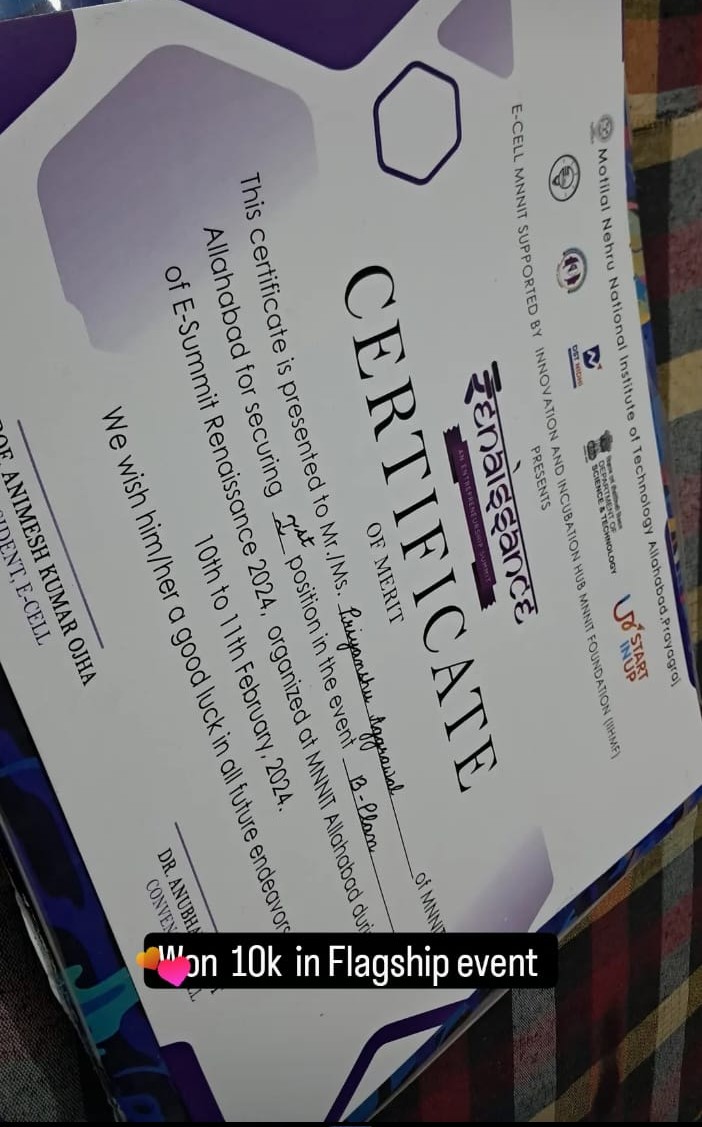 Renaissance B-Plan Competition Certificate — Won 10k in Flagship event